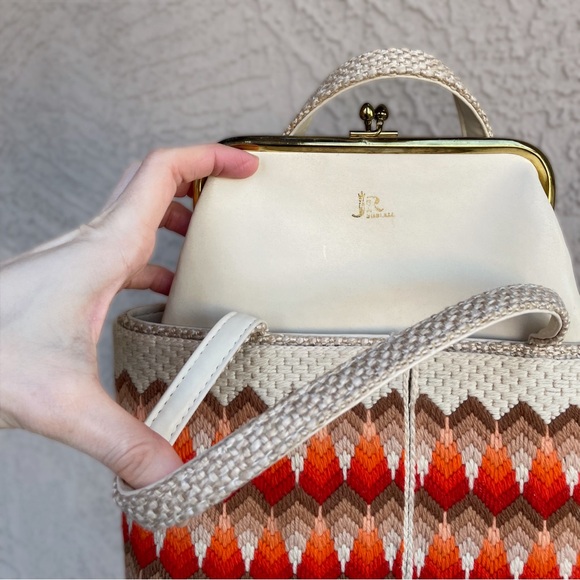 VINTAGE 60s 70s JR Miami Julius Rednik Orange Woven Yarn & Needlepoint Tote Bag - Picture 6 of 11